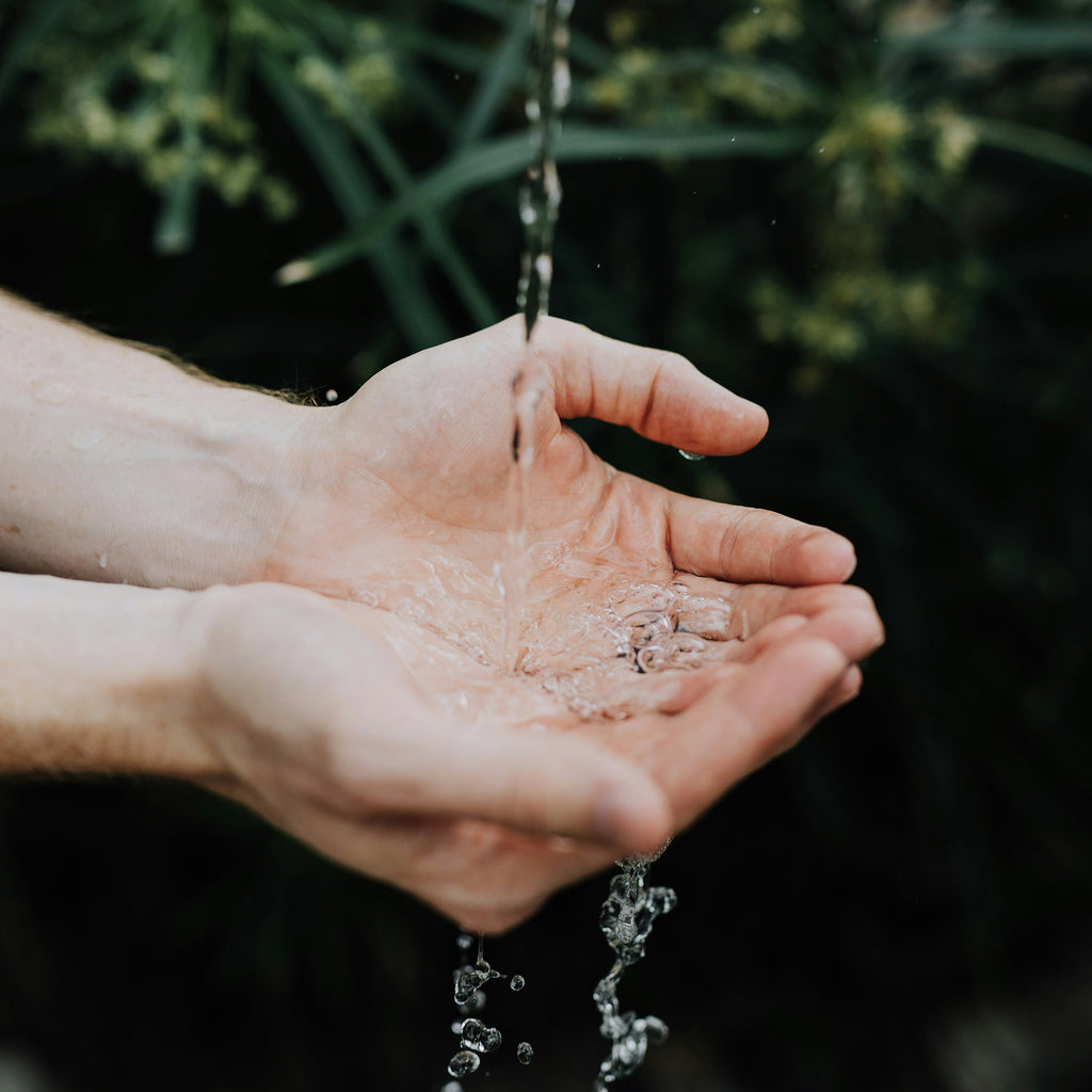 Hands catching fresh flowing water to represent environmental conservation and sustainability.