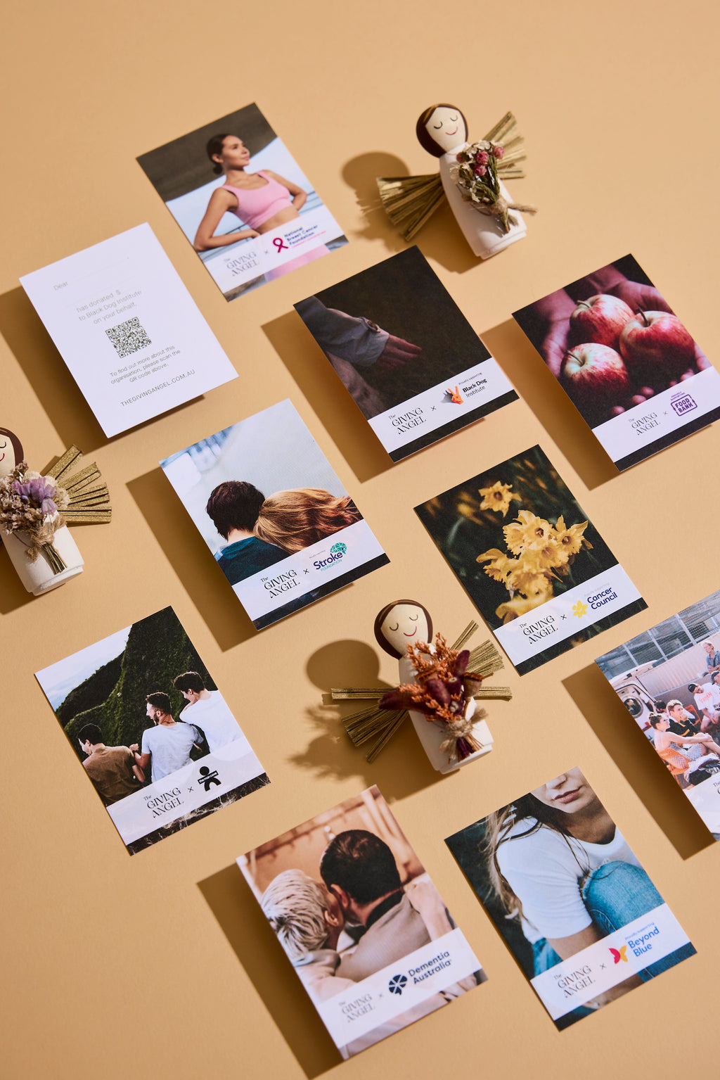 The Giving Angel charity donation card options showing the Australian charities recipients can support with each handcrafted angel gift.